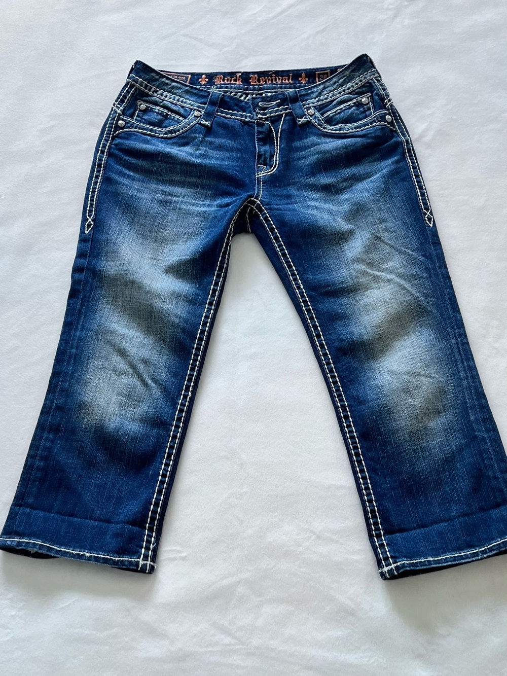 Rock Revival Women's Medium Blue Cropped Bootcut Jeans with Contrast Stitching